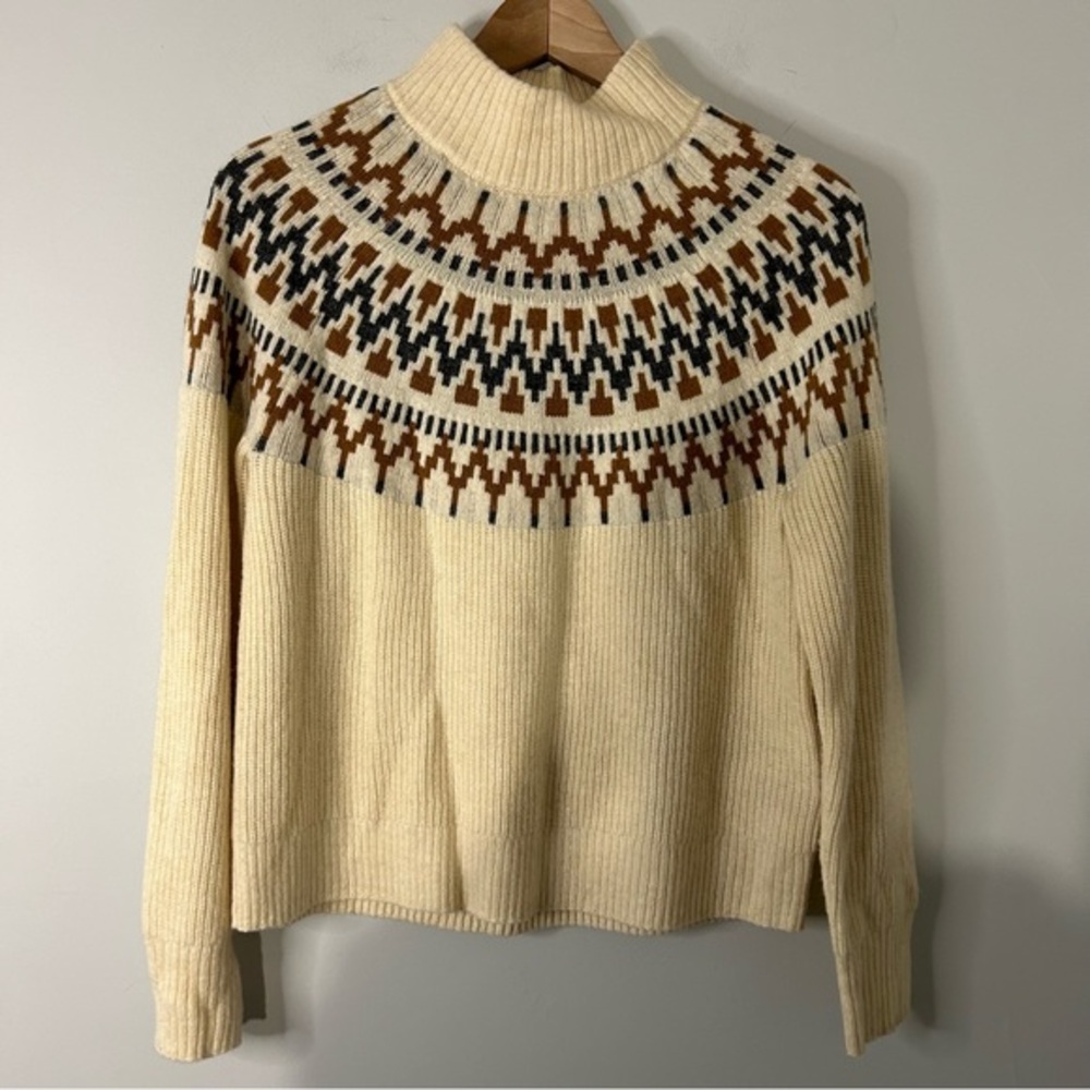 J. Crew Fair Isle Mockneck Pullover Sweater Neutral Cream Tan Wool Blend - Picture 2 of 9